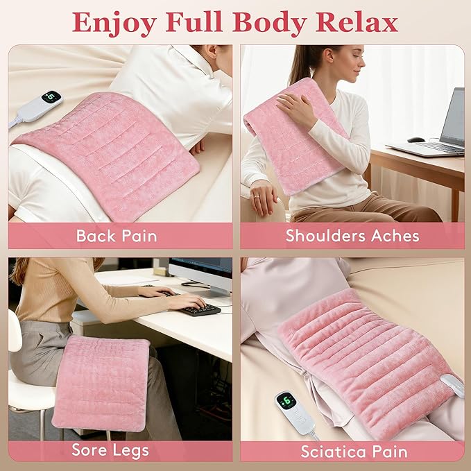 UTK XL Heating Pad for Back, Electric Heat Pad for Period Cramps Pain Relief, Soft Thicken Flannel Fabric Machine Washable, Birthday Gifts for Women Mom, 6 Heat Settings & Auto-Off, 12" x 24"(Pink)