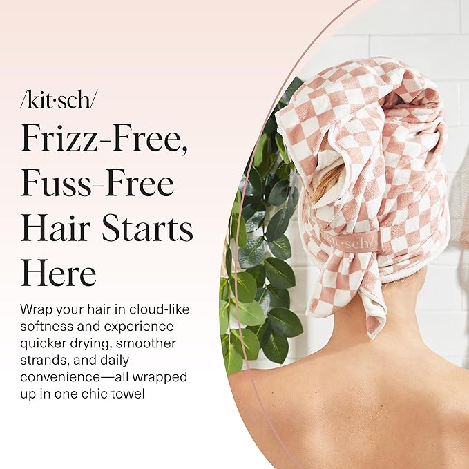 Kitsch XL Microfiber Hair Towel Wrap for Women – Ultra Absorbent Microfiber Towel for Wet, Curly, Long or Short Hair – Quick Dry, Anti-Frizz Hair Wrap – Terracotta Checkered, 40x24 inches