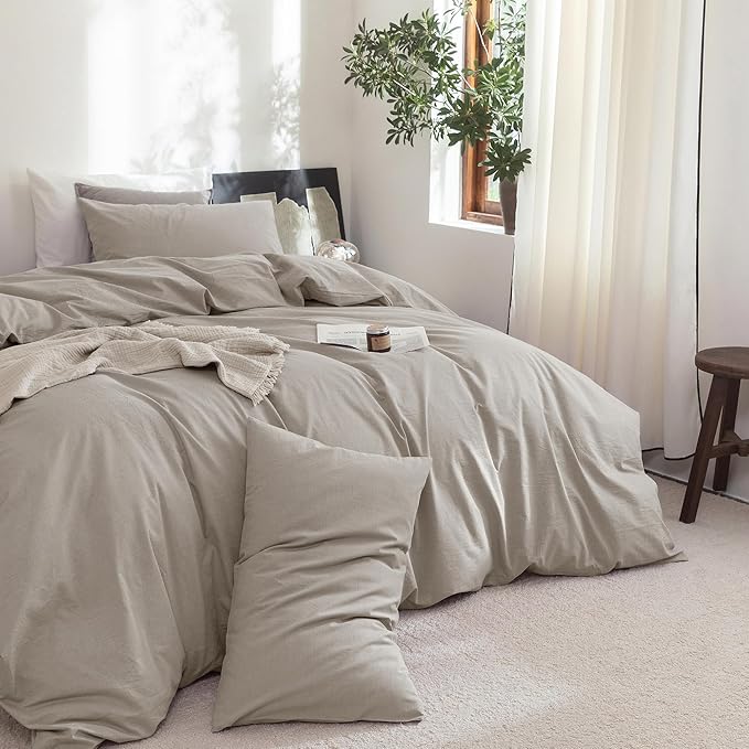 FOSSA Duvet Cover Set 100% Washed Cotton Linen Feel Super Soft Breathable Cozy 3 Pieces Bedding Sets Solid Cream Grey Oversized Queen