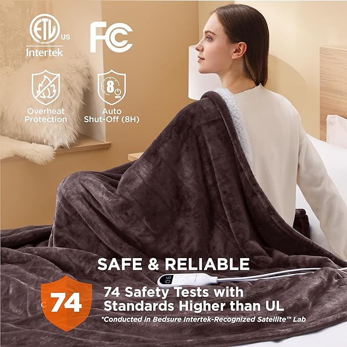 Bedsure Electric Blanket Full Size - Soft Flannel Heated Blanket, Fast Heating with 10 Time Settings & 6 Heat Settings, Warm Gift for Grandma (72x84 inches, Brown)