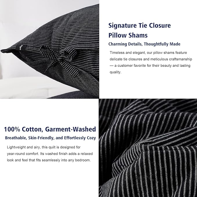 Midnight Pinstripe Quilts Queen Size, Cotton Queen Quilt Set Stone Washed with Black Stripe Bedding Coverlet Light Weight 3-Pieces with 2 Pillow Shams