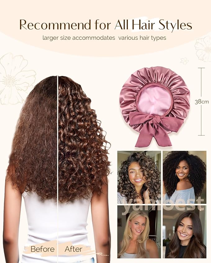YANIBEST Silk Hair Bonnet for Sleeping, Double Layer Hair Bonnet with Elastic Tie Band for Curly Natural Hair Reduce frizz