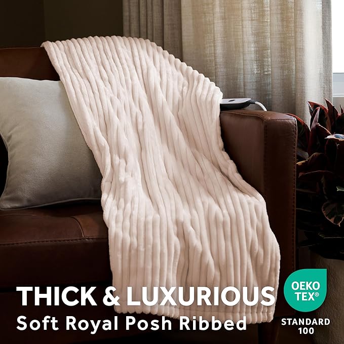Sunbeam Electric Throw Royal Posh Velvet Heated Blanket, 4 Heat Settings, 4-Hour Auto Shut-Off, Fast Heating, Lush, Silky, and Ultra Comfy, Ribbed Champagne Color, 50" x 60"
