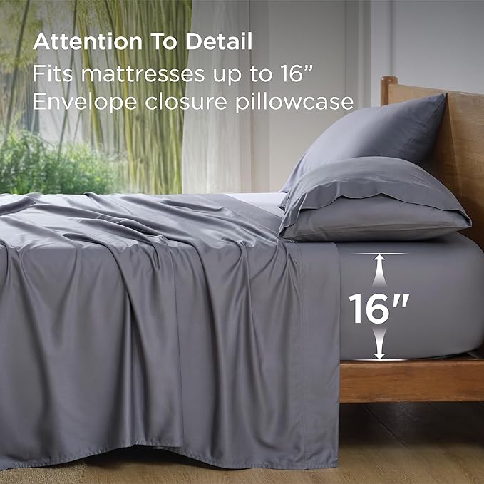 Bedsure Cooling Sheets for Full Size Bed, Viscose Derived from Bamboo, Deep Pocket up to 16", Breathable Soft Bed Sheets & Pillowcases, Dark Grey