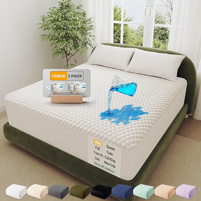 OhGeni 100% Waterproof Mattress Protector, King Size Mattress Pad, Fits 6"-20" Mattresses with Deep Pocket, Cooling, Breathable Fitted Sheets, Soft Bed Cover, Noiseless, Machine Washable