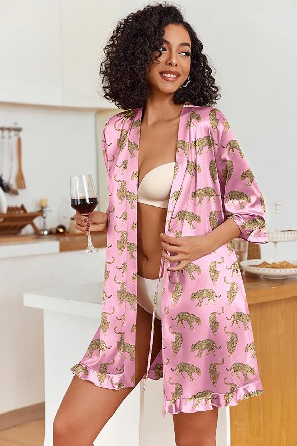 Ekouaer Women's Satin Robes Silk Kimono Bath Robe Short Ruffled Hem Bride Bridesmaid Sleepwear with Pockets