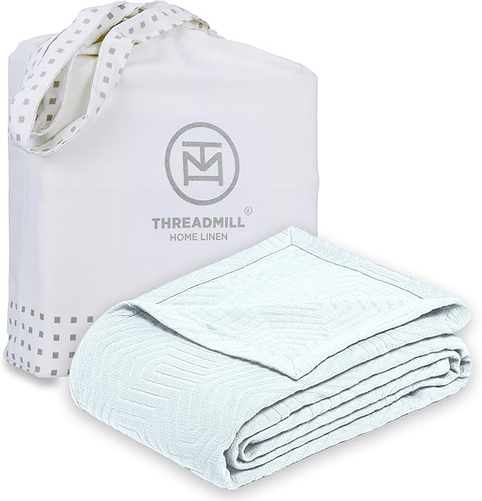 Threadmill Luxury Cotton Blankets for Queen Size Bed | All-Season 100% Cotton Queen Size Blanket | Aster Jacquard Cozy Lightweight, Soft Breathable Coverlet fits Full Size Bed, 90x92 | Light Blue