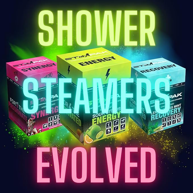 Shower Steamers | Stocking Stuffers | SYNERGY | XXL 80g | Intimacy & Self Care Aromatherapy | Caffeine, L-Theanine & Menthol | Christmas Gift for Women | Strawberry Vanilla | STiiMPAK (8 Pak + Loofah)