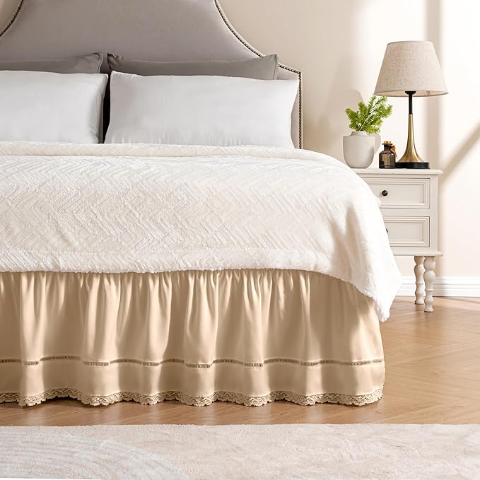 MIYE Wrap Around Ruffled Lace Bed Skirt, Elastic Dust Ruffle with Adjustable Belts, Easy to Put On, Bed Frame Cover, Machine Washable (Floral Lace/Beige, King/Queen-15 Drop)