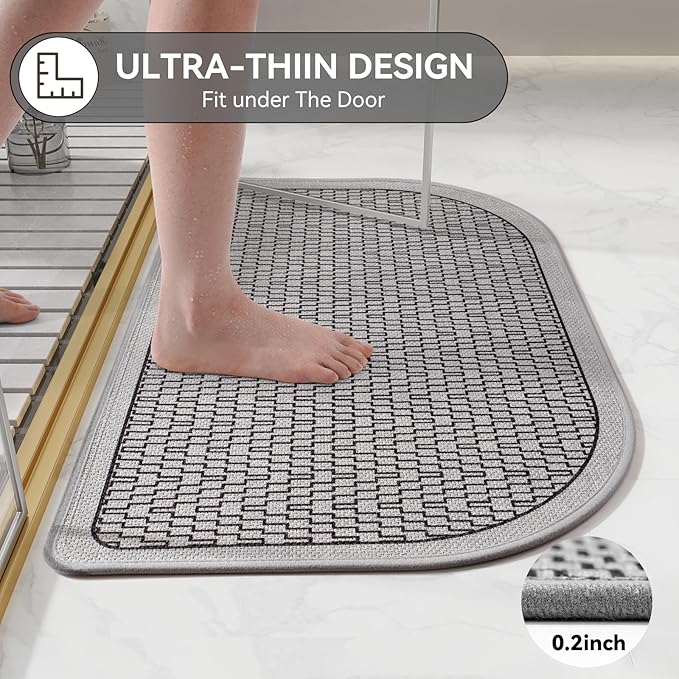 Bathroom Rugs Mat 24x35, Non Slip Ultra Thin Bath Mat Quick Dry Absorbent Washable Woven Half Round Bath Mats for Bathroom Floor Rubber Backed Fit Under Door Grey