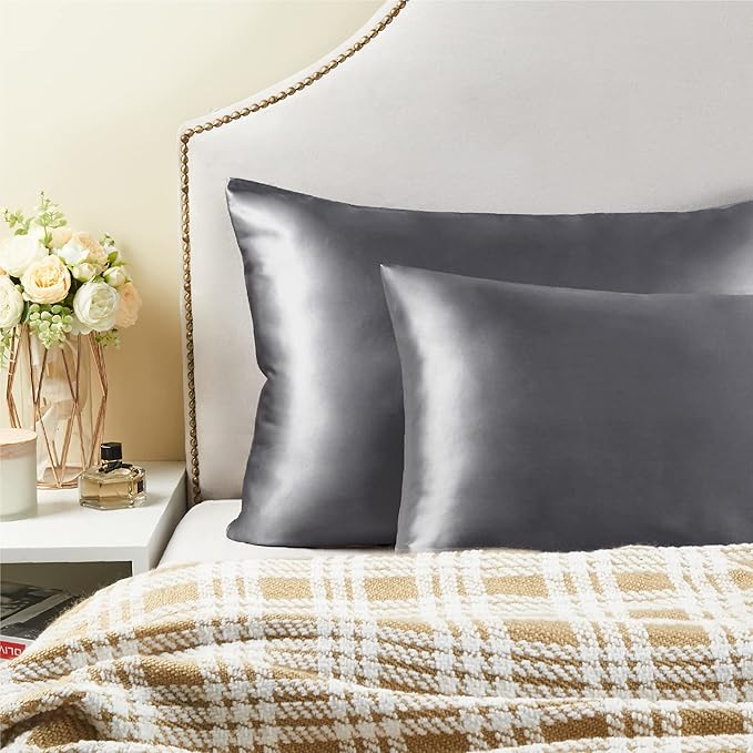 BEDELITE Satin Pillowcase for Hair and Skin, Super Soft Similar to Silk Pillow Cases 4 Pack with Envelope Closure, Cooling Pillowcases for Women Men (20"x26" Standard Size, Dark Grey)