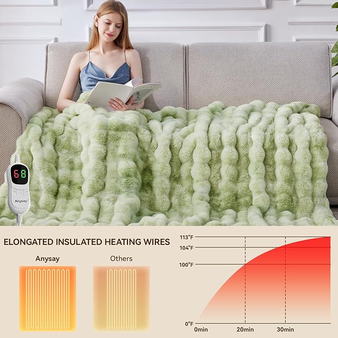 Heated Blanket Throw with 1/2/4/6/8 Hours Auto-Off 10 Heat Level, 62'' * 84'' Cozy Faux Rabbit Fur Bubble Electric Blanket with Overheat Protection(Tie-Dye Green)