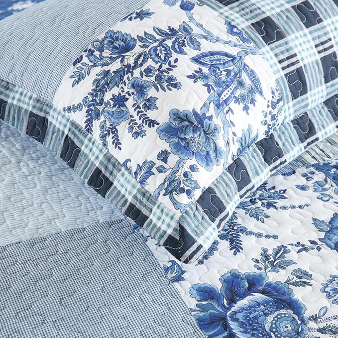 Cotton Bedspread Quilt Bedding Sets 3 Pieces Reversible Coverlet Sets Comforters Rustic Floral Patchwork Blue White Bedspread, King Size