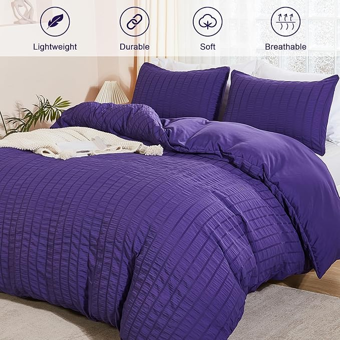 AveLom Seersucker Duvet Cover Set Queen Size (90 x 90 inches), 3 Pieces (1 Duvet Cover, 2 Pillow Cases), Dark Purple Ultra Soft Washed Microfiber, Textured Duvet Cover with Zipper Closure, Corner Ties