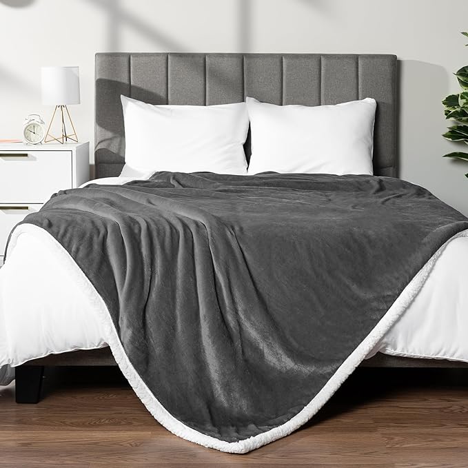 Pavilia Sherpa Fleece Blanket for Bed, Queen Size, Dark Grey, Plush Soft Fuzzy, Cozy Reversible Winter Blanket for Women & Men, 90x90 Inches