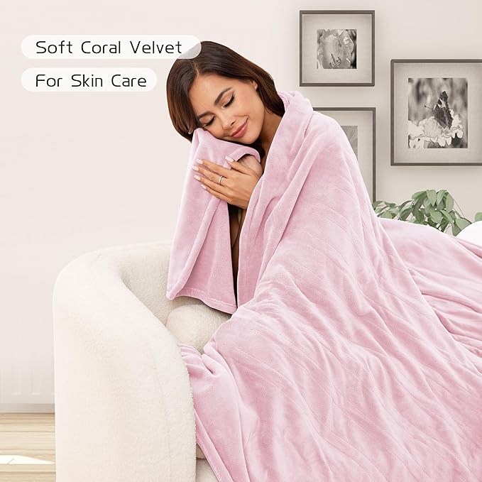 Electric Heated Blanket 90"x100" King Size, Soft Coral Fleece, Dual Controllers with 4 Heating Levels and 10 Hours Auto-Off, Machine Washable, Cozy Plush Fabric for Home, Pink