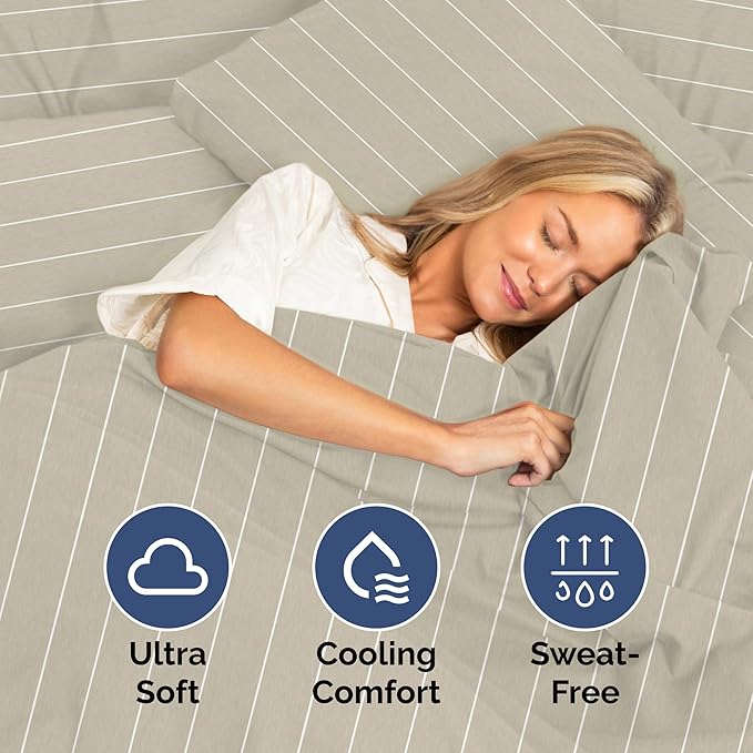 Twin Size 3 Piece Sheet Set - Extra Soft, Breathable & Cooling - Hotel Luxury Durable Bed Sheets for Women & Men - Deep Pockets, Easy-Fit & Wrinkle-Free - Beige Stripes Oeko-Tex