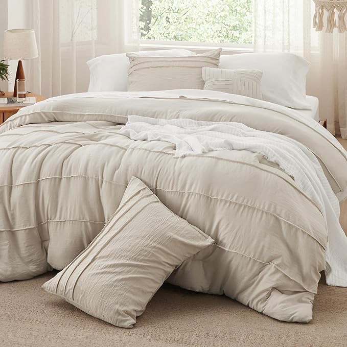 Bedsure California King Comforter Set - 4 Pieces Pinch Pleat Bed Set, Beige Boho Bedding for All Season, 1 Soft Comforter, 2 Pillowcases, 1 Decorative Pillow
