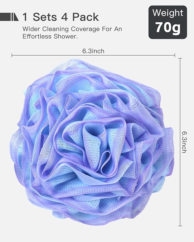 Large Bath Sponge Pouf 70g, 6.3 Inch Exfoliating Shower Loofah, Soft Durable PE Mesh with Reinforced Knotting, Rich Lather Body Wash Scrubber, 4-Pack Elegant Colors Gift Set（A-4Pcak）