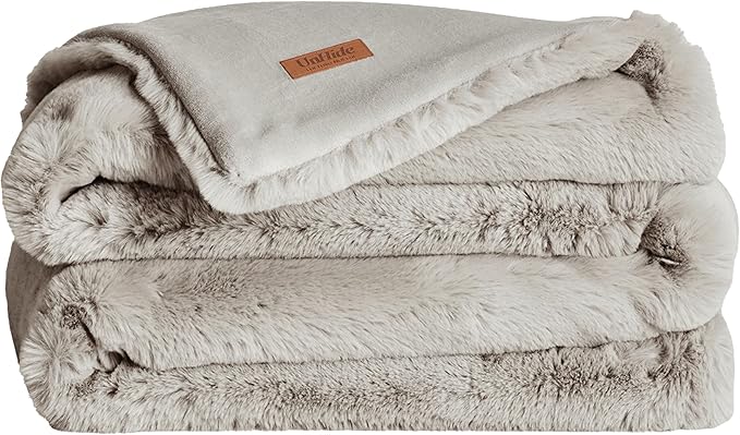 UnHide Marshmallow - Faux Fur Blanket - Heavy Weight, Extra Soft Blanket - Made from Recycled Materials - Machine Washable - Medium (60" x 80") - Greige