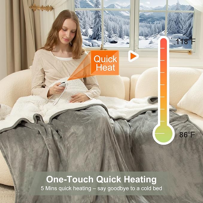 Heated Blanket Full Size - 72" x 84" Electric Blanket Full with Fast Heating, 10 Timer Settings, 6 Heat Settings, Washable Flannel Sherpa Heating Blanket, Overheat Protection, Grey