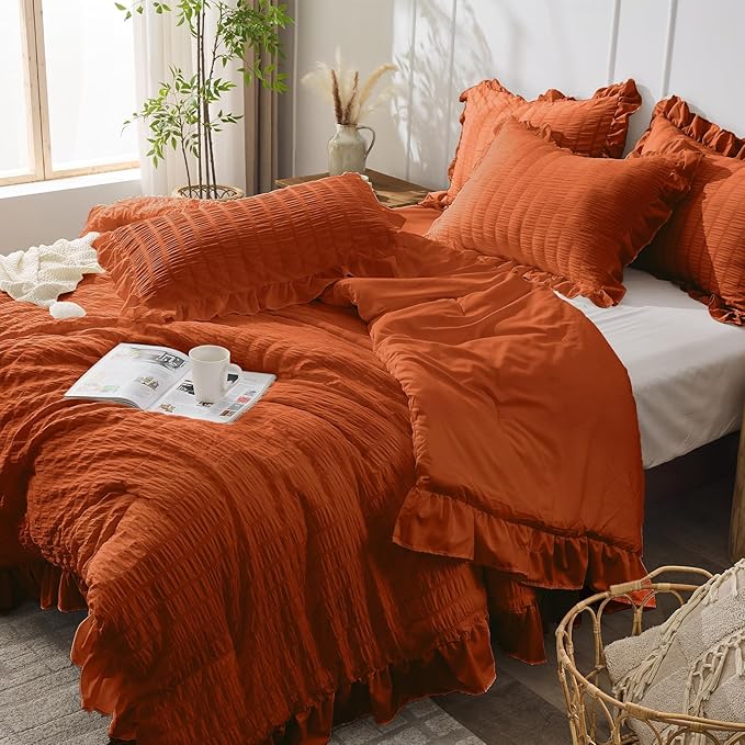 JOLLYVOGUE Burnt Orange Queen Comforter Set, 3 Pieces Seersucker Comforters Queen Size, Lightweight & Fluffy Bedding Sets Queen for All Season with 1 Ruffle Comforter and 2 Ruffle Pillowshams