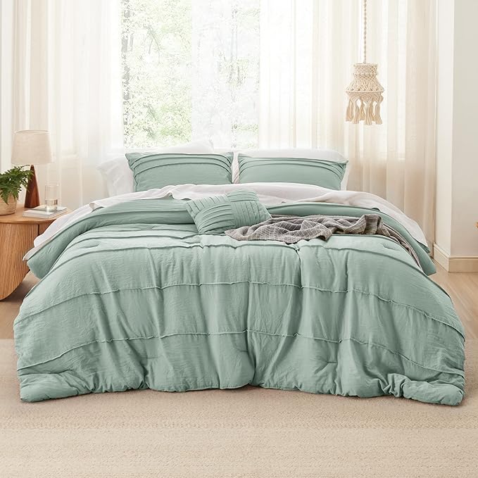 Bedsure King Comforter Set - 4 Pieces Pinch Pleat Bed Set, Sage Green Boho Bedding for All Season, 1 Soft Comforter, 2 Pillowcases, 1 Decorative Pillow