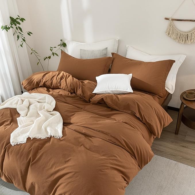 100% Washed Cotton Dark Orange Duvet Cover Queen Size Bedding Set Cover 1 Duvet Cover with Zipper Closure and 2 Pillowcases, 90inch x 90inch