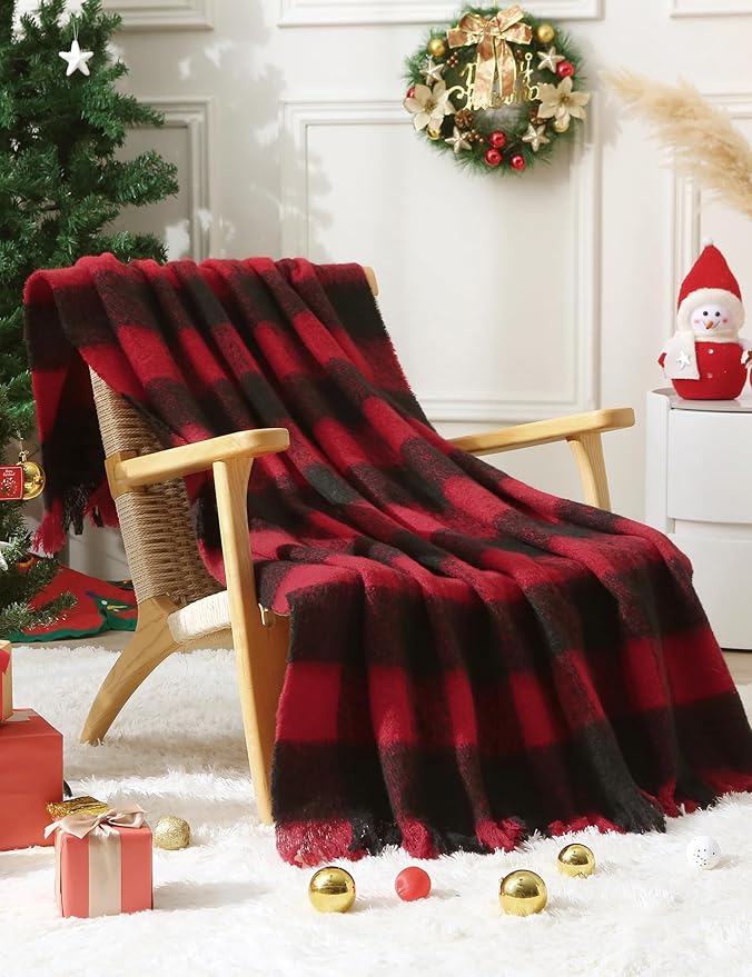 ZonLi Christmas Buffalo Plaid Blanket, Black and Red Plaid Throw Blankets with Tassel for Couch, Bed, Sofa, Chair, Outdoor, Cozy Warm Lightweight Farmhouse,50" x 60"
