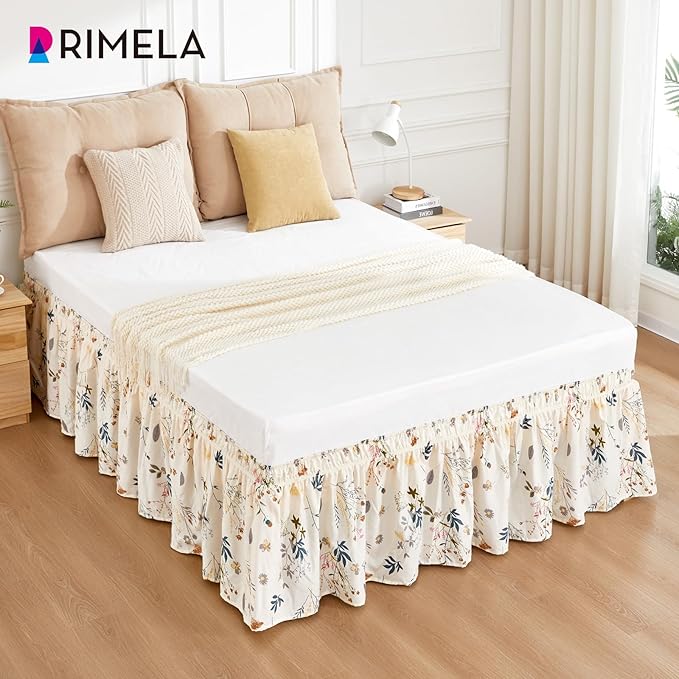 RIMELA Balloon Flower Floral Bed Skirt Queen Size 15 Inch Drop, Elastic Bed Skirting for Bed Frame, Bedding Dust Ruffle Easy to Install, Lightweight Wrap Around Adjustable Bedskirt