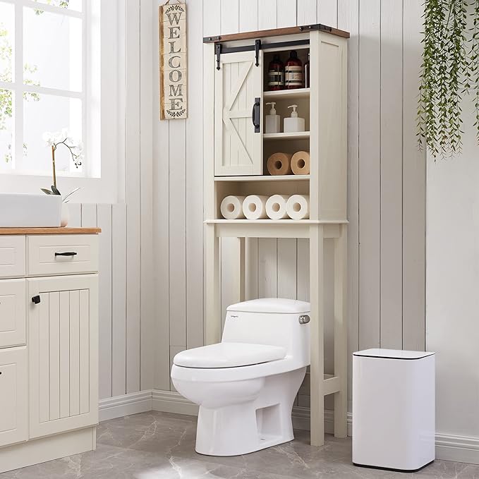 RedLemon Farmhouse Over The Toilet Storage Cabinet, 68" Tall Bathroom Cabinet with Sliding Barn Doors & Adjustable Shelves, Rustic Antique White