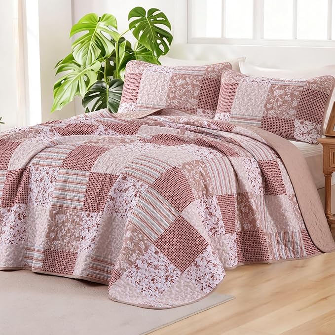 Mybedsoul Patchwork Quilt Set King Size, 3 Pieces Pink Floral Plaid Bedspread Coverlet Set, Reversible Soft Microfiber Bedding Set for All Season, Fall Winter King 90"x104"