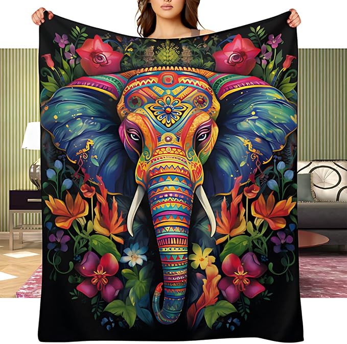 Elephant Throw Blanket, Elephant Birthday Gifts for Women and Men, Lightweight Fleece African Home Decor, Printed, Washable, No-Pilling, 50x60 inches