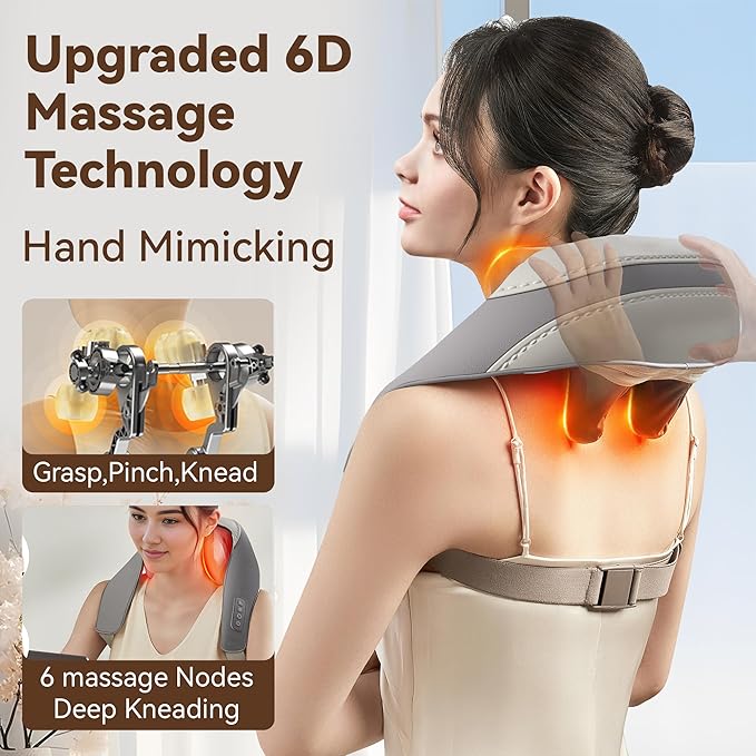 Shiatsu Neck and Shoulder Massager with Heat for Pain Relief Deep Tissue, Portable Massagers for Neck and Back, Gifts for Men and Woman (Grey with Leather Handbag)