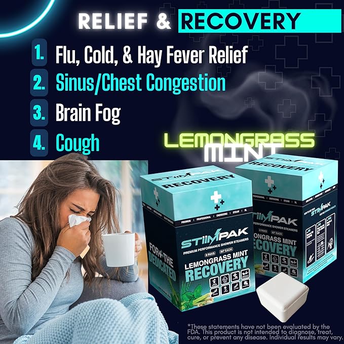 Shower Steamers for Sinus Relief | Recovery | XXL 80g Post-Workout, Allergies, Cold & Flu | Eucalyptus, Tea Tree, Turmeric, Arnica, Caffeine, Menthol | MAX Strength Aromatherapy | STiiMPAK (8 Pack)