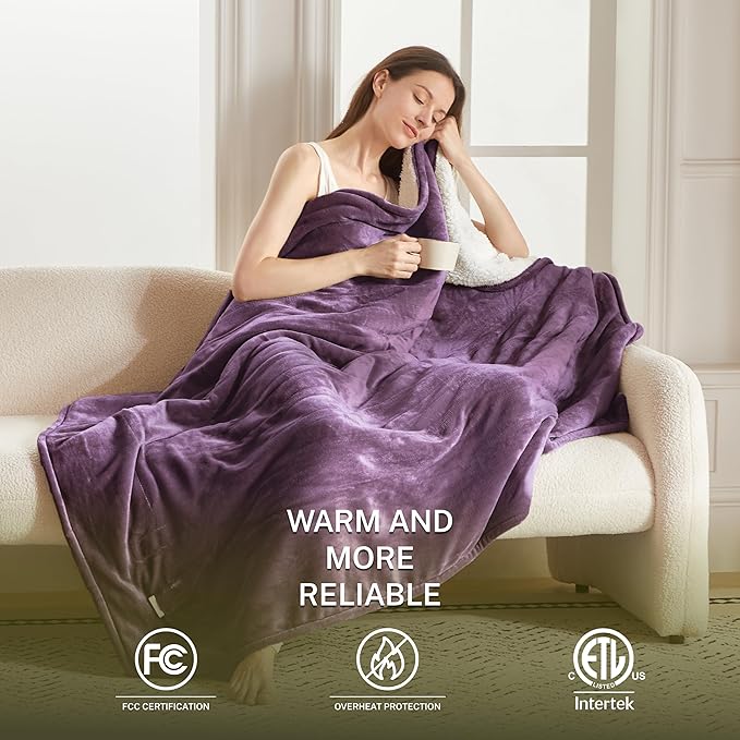 Heat Blanket 50”x60” Throw,Soft Flannel & Sherpa Reversible Electric Blanket with 10 Heat Settings,12 Timer Setting and 3 Hours Auto-Shut Off,ETL Certified Machine Washable,Purple
