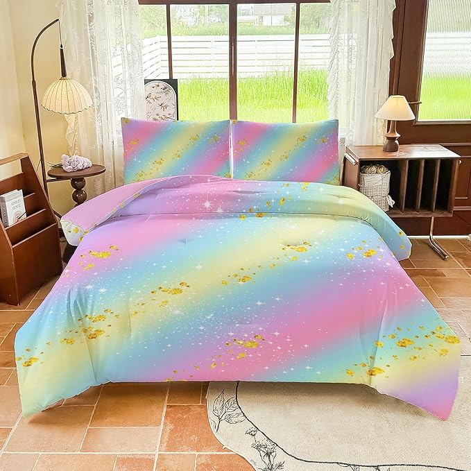 Girls Full Size Bedding Sets Rainbow Bedding – 5 Piece Comforter Set Full, Gradient and Colorful Galaxy Comforter for All-Season – Machine Washable, Durable – Gift Idea for Boys and Girls Room