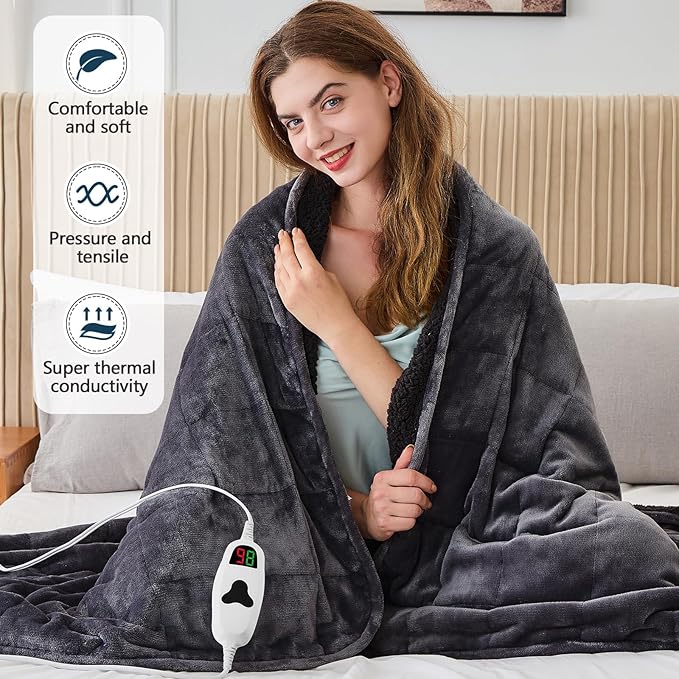 CYMULA Heated Weighted Blanket for Adults, Weighted Heated Blanket 50" x 60", 13lbs Sherpa Fleece Weighted Electric Blanket Soft Heating Blanket with 10 Heating Levels & 1-8 Hours Auto Off, Dark Grey