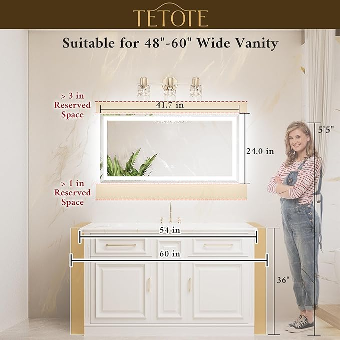 TETOTE 48 x 24 Inch Led Lighted Bathroom Mirror with Lights, Beveled Front and Backlit Extra-Bright Light up Mirror for Bathroom Wall, 3-Color Dimmable, Defogging, Tempered Glass, Waterproof