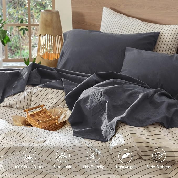 MooMee Bedding Sheet Set 100% Washed Cotton Linen Like Textured Breathable Durable Soft Comfy (Solid Deep Grey, Queen)