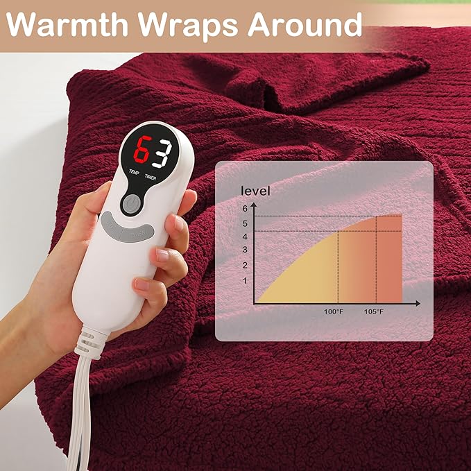Electric Heated Blanket 6 Heating Settings & 3 H Auto Off Throw Size 50×60 Double Sided Plush Sherpa Ultra-Soft Warm Thick, Machine Washable, Fast Heating, Home Office, Red