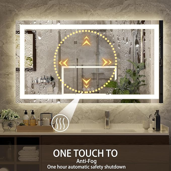 55'' x 30'' LED Bathroom Mirror with Lights, Wall Mirror with Front and Backlight, 3 Colors Vanity Mirror with Lights, Anti-Fog Wall Mirror for Bathroom