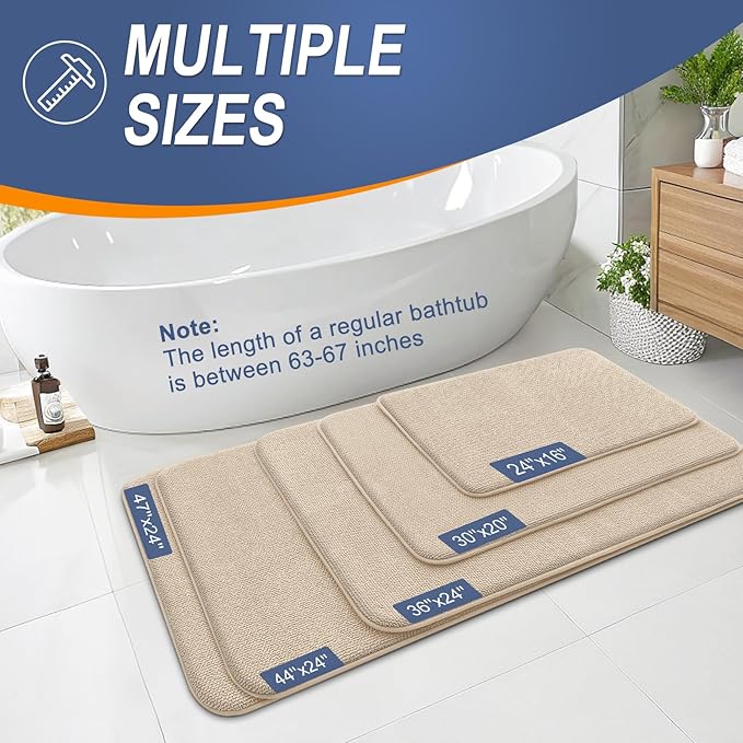 OLANLY Thick Memory Foam Bath Mat Rug 47x17, Extra Soft Absorbent Bathroom Rug, Quick Dry Bath Mats, Non-Slip, Machine Washable Carpet for Bathroom, Tub and Shower, Home Decor Accessories, Beige