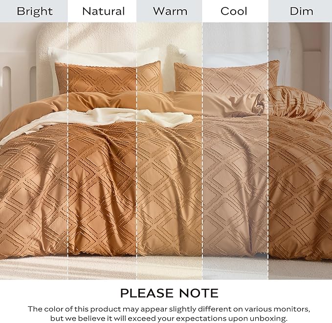 JELLYMONI Duvet Cover Twin Size Rust - 3PCS Boho Duvet Cover Set Plaid Polyester Tufted Bohemian Jacquard Knit Textured Comforter Cover 68×90in Rhombic Geometric Pattern Corner Ties & Zipper