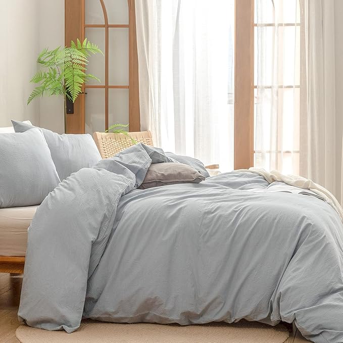 BESTOUCH Duvet Cover Set 100% Washed Cotton Linen Feel Super Soft Comfortable Chic Lightweight 3 PCs Home Bedding Set Solid Cornflower Blue Super Queen
