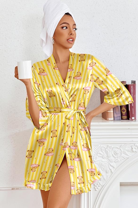 Ekouaer Women's Satin Robes Silk Kimono Bath Robe Short Ruffled Hem Bride Bridesmaid Sleepwear with Pockets