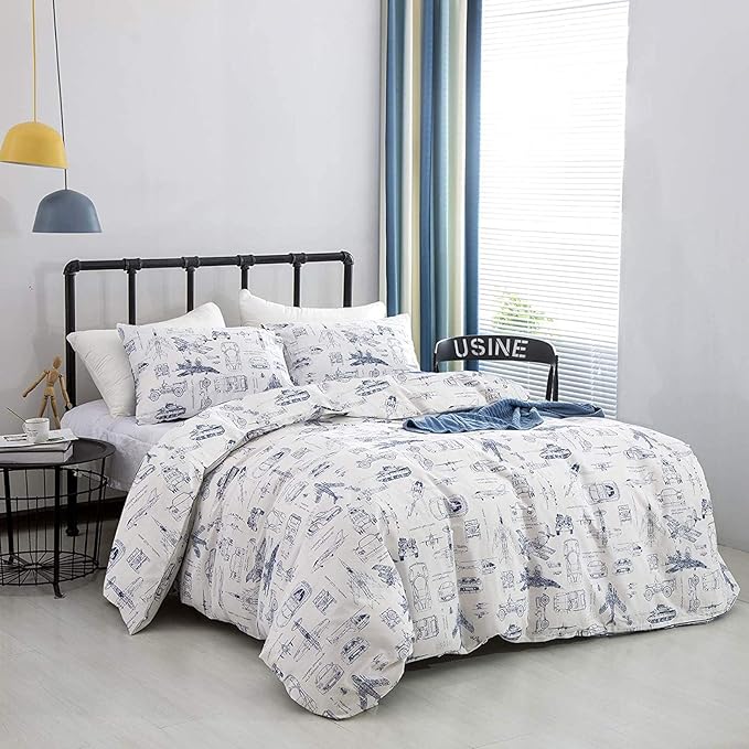 KAREVER White Aircraft Comforter Set Twin Boys Cartoon White Bedding Set Airplane Comforter Car Tank Printed Bedding for Children Teen Boy Blanket Set