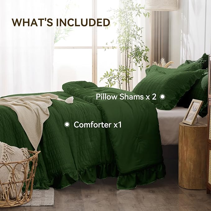 JOLLYVOGUE Dark Green Comforter Full Size, 3 Pieces Seersucker Lightweight Full Size Bedding, All Season Fluffy Microfiber Bedding Comforter Set with 1 Ruffle Comforter and 2 Ruffle Pillowshams
