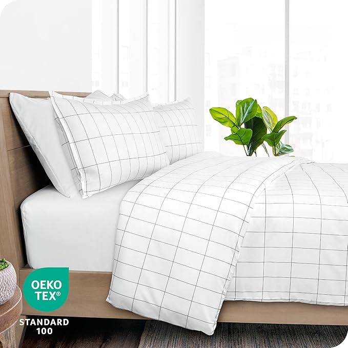 Bare Home Duvet Cover - Oversized Queen Size Bedding Set - Premium 1800 Super Soft Collection - Lightweight, Cooling - Soft Breathable Duvet Cover (Oversized Queen, Grid - White/Grey)