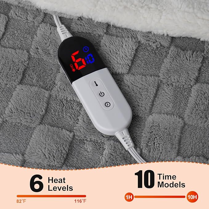 Electric Blanket, 84" x 90" Heated Blanket with 6 Heat Levels & 10 Hours Auto Off, Soft Checked Flannel Fast Heating Blanket with ETL & FCC Certification, Gray